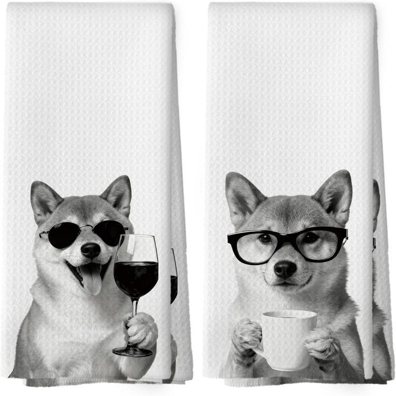 Mcehtle Funny Shiba Inu Kitchen Towels Set of 2, Funny Dog Kitchen Accessories, Coffee Wine Station Decor, Chef Gift Hand Towel, Dining Room Decorative Tea Towel Dish Towels 16x24 Inch - Image 1